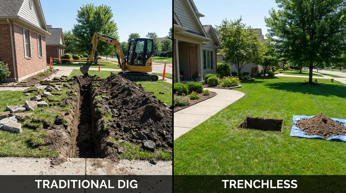 Trenchless sewer repair with minimal yard damage versus traditional excavation in Litchfield, NH